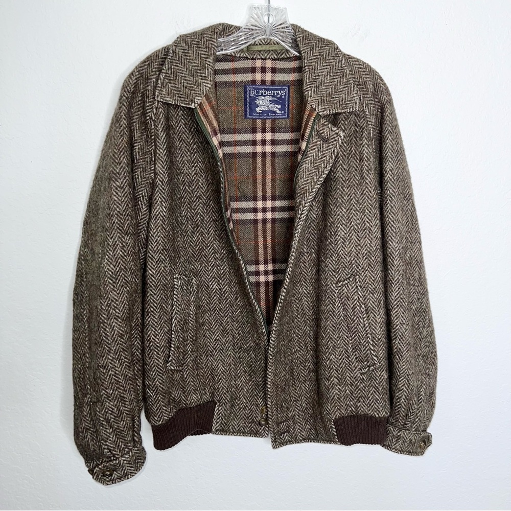 BURBERRYS London Wool Jacket Vintage Reg 38 Bomber Rare Herringbone Brown Men